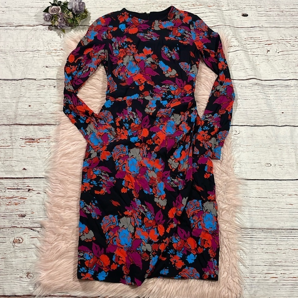 Givenchy Graphic Print Black Floral Long Sleeve Ruched Side Dress - Picture 2 of 9